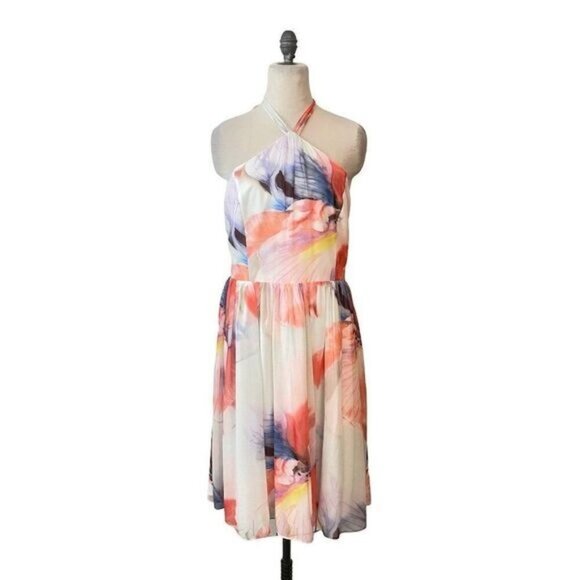 White House Black Market Watercolor Print Halter Dress 12 14 - Picture 4 of 7